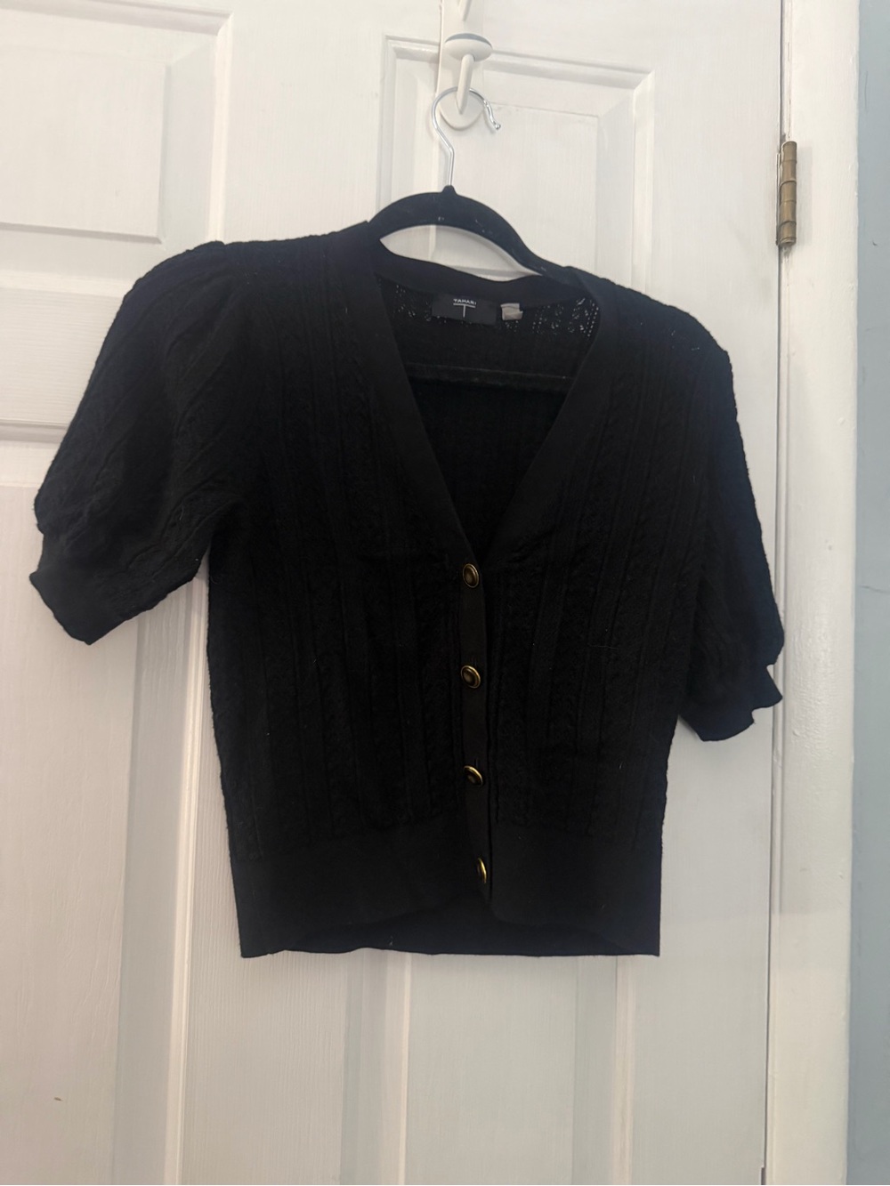 Tahari Black Cable Knit Puff Sleeve Cardigan Gold Buttons Size S